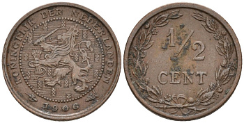 Нидерланды 1/2 цента 1906 Вильгельмина (1890-1948) KM 133 бронза 4576-133