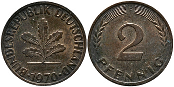ФРГ 2 пфеннига 1970 F KM 106а, J.381а сталь плакированная медью 99-168