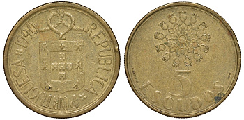 Португалия 5 эскудо 1990 KM 632 никель латунь 51-1726