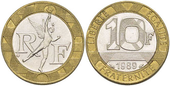 Франция 10 франков 1989 тип гений Бастилии KM 964.1, Le Franc 375.3 биметалл 113-256