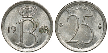 Бельгия 25 сантимов 1968 Belgie, Бодуэн I (1951-1993) KM 154.1 медно-никель 72-736