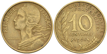 Франция 10 сантимов 1964 тип Marianne KM 929, LE FRANC 144.4 медь алюминий никель 4511-731