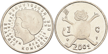 Нидерланды 1 гульден 2001 прощай гульден, детский рисунок, лев с флагом в руках KM 233 никель UNC 4586-1241