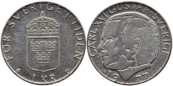 Швеция 1 крона 1977 Карл XVI Густав (1973- ) KM 852 медь плакированная медно-никелем 4397-813