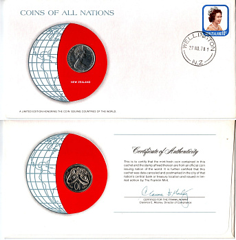 Новая Зеландия 10 центов 1978 конверт с маркой первого дня гашения, Coins of Nations KM 41 медно-никель UNC 4294-37-1