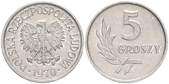 Польша 5 грошей 1970 MW  KM A46, Parchimowicz 204j алюминий UNC 192-166