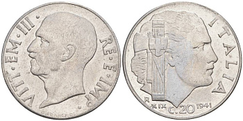 ИТАЛИЯ 20 ЧЕНТЕЗИМО 1941 R, ГОД XIX, ВИКТОР ЭММАНУИЛ III (1900-1946) KM 75b, VEM3. 1028 нержавеющая сталь 3853-847