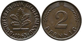 ФРГ 2 пфеннига 1963 G KM 106, J.381 бронза 99-134