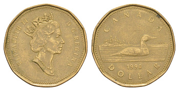 Канада 1 доллар 1990 Елизавета II (1952-2022), утка KM 186 никель плакированный позолоченной бронзой 4631-751