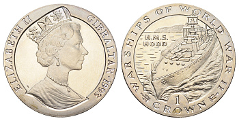 Гибралтар 1 крона 1993 Боевые корабли Второй мировой войны - H.M.S. Hood KM 118 медно-никель BU 1078-2-23