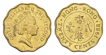 Гонконг 20 центов 1988 KM 59 никель латунь UNC 4625-754