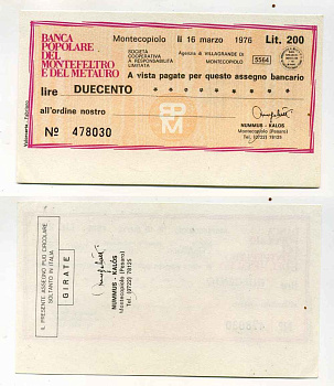 Италия чек на 200 лир 1976 Banca popoLare del Montefeltro e del Metauro, Montecopiolo 16 марта 1976 бумага UNC (пресс) 8588-11-4-1