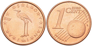 СЛОВЕНИЯ 1 ЕВРОЦЕНТ 2007 БЕЛЫЙ АИСТ KM 68 сталь плакированная медью UNC 214-423
