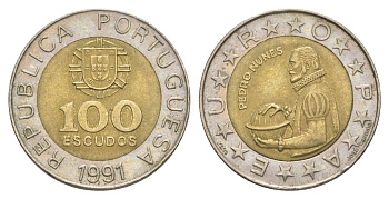Португалия 100 эскудо 1991 Педру Нуниш (1502-1578), математик KM 645 биметалл 4388-753