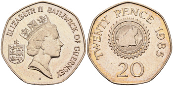 Гернси 20 пенсов 1985 карта острова в зубчатом колесе KM 44 медно-никель UNC 4582-325