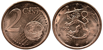ФИНЛЯНДИЯ 2 ЕВРОЦЕНТА 2000 KM 99 сталь плакированная медью UNC 4181-459