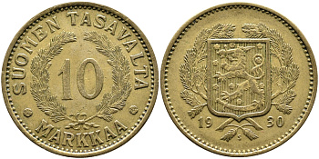 Финляндия 10 марок 1930 S KM 63 алюминиевая бронза 4388-1047