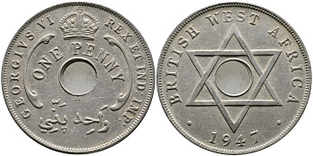 Британская Западная Африка 1 пенни 1947 Георг VI (1937-1952) KM 19 медно-никель 1523-232