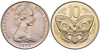Новая Зеландия 10 центов 1970 Елизавета II (1952-2022), маска маори KM 41.1 медно-никель  UNC  4177-1144