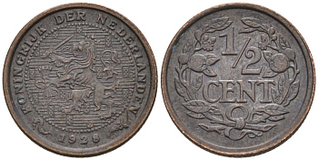 Нидерланды 1/2 цента 1928 Вильгельмина (1890-1948) KM 138 бронза 4576-517