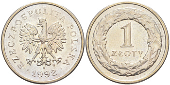 ПОЛЬША 1 ЗЛОТЫЙ 1992 MW KM 282 медно-никель UNC 106-547