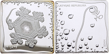 Латвия 1 лат 2009 H2O - вода, квадратная KM 104 серебро PROOF 11-163-13