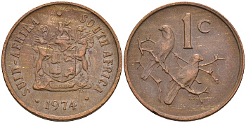 ЮАР 1 цент 1974 герб, капские воробьи KM 82 бронза 4115-162