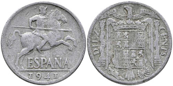 ИСПАНИЯ 10 СЕНТИМО 1941 РЫЦАРЬ НА КОНЕ KM 766 алюминий 110-917