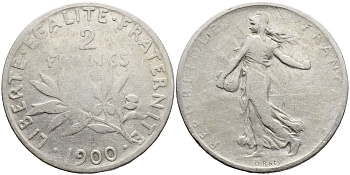 Франция 2 франка 1900 KM 845.1 серебро 4178-1315