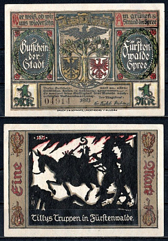 Фюрстенвальде (Пруссия, Бранденбург) 1 марка 1921 Mehl Grabowski 403.1a-15/15 бумага UNC (пресс) 7555-53-1-2