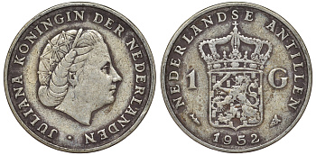 Нидерландские Антилы 1 гульден 1952 Юлиана (1948-1980) KM 2 серебро 36-813