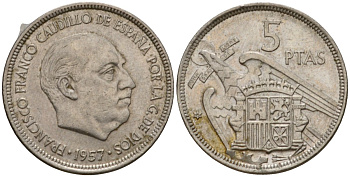 Испания 5 песет 1957 (75) Франсиско Франко (1939-1975) KM 786 медно-никель 186-1021