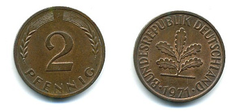 ФРГ 2 пфеннига 1971 J KM 106a, J.381a сталь плакированная медью 3999-1136
