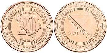 Босния и Герцеговина 20 фенигов 2021 KM 116 сталь плакированная медью UNC 4514-1022