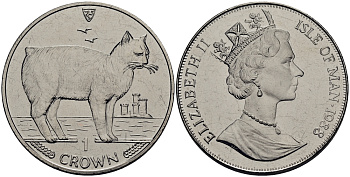 Остров Мэн 1 крона 1988 мэнский кот КМ 245 медно-никель UNC M92-01