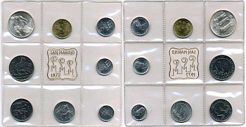 Сан-Марино годовой набор из 8 монет 1972 1, 2, 5, 10, 20, 50, 100 и 500 лир мать поднимает ребенка в воздух KM 14-21, в оригинальной пластиковой запайке серебро KM MS1 серебро UNC 5-4-3-50