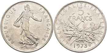 Франция 5 франков 1973 сеятель KM 926а.1, Le Franc 341.5 медно-никель плакированный никелем 3855-1132