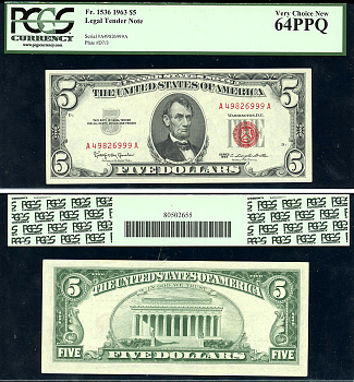 США 5 долларов 1963 в слабе PCGS 64 PPQ Very Choice New, красный номер Pick 383, Fr. 1536  бумага  UNC (пресс) 452-3-46