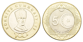 Турция 5 лир 2023 100 лет Турецкой Республики KM NEW биметалл  UNC  M36-17
