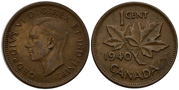 Канада 1 цент 1940 Георг VI (1937-1952), кленовый лист KM 32 бронза 4602-825
