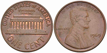 США 1 ЦЕНТ 1969 ЛИНКОЛЬН KM 201 медь цинк 105-615