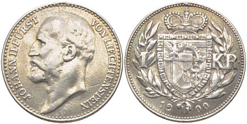 ЛИХТЕНШТЕЙН 1 КРОНА 1900 ПРИНЦ ДЖОН II (1858-1929) KM 2 серебро 119-126