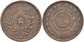 Парагвай 2 сентесимо 1870 KM 3 медь 603-1415