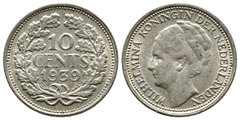 Нидерланды 10 центов 1939 Вильгельмина I (1890-1948) KM 163 серебро 261-617