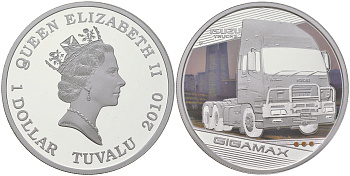 Тувалу 1 доллар 2010 серия грузовые автомобили, короли дорог, Isuzu Gigamax, цветная термопечать KM 142 серебро  PROOF  1091-5-53