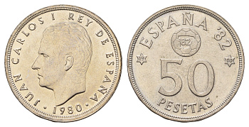 Испания 50 песет 1980 (80) Чемпионат мира по футболу 1982, Испания KM 819 медно-никель UNC 4557-935