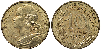 Франция 10 сантимов 1987 тип Marianne KM 929, Le Franc 144.27 медь алюминий никель 4128-213