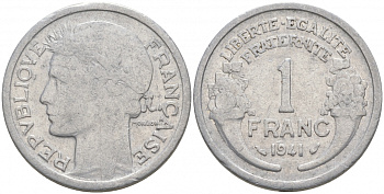 ФРАНЦИЯ 1 ФРАНК 1941 ТИП MORLON, LEGERE KM 885a.1, LE FRANC 221.2 алюминий 186-316