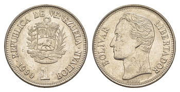 Венесуэла 1 боливар 1990 Симон Боливар, толстый шрифт Y 52a.2 сталь плакированная никелем 4591-641