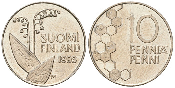Финляндия 10 пенни 1993 M KM 65 медно-никель UNC 99-1261